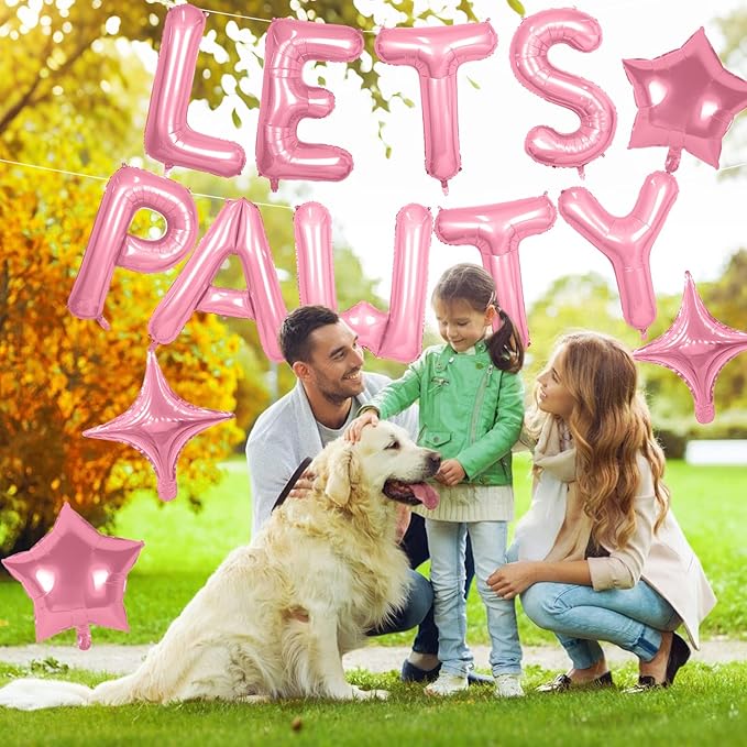 Lets Pawty Balloons Banner 16 Inch,Pink Dog Birthday Decorations with 4pcs 10 Inch Star Balloons,Paw Foil Letter Balloon for Dogs Paw Pet Puppy Theme Party Supplies