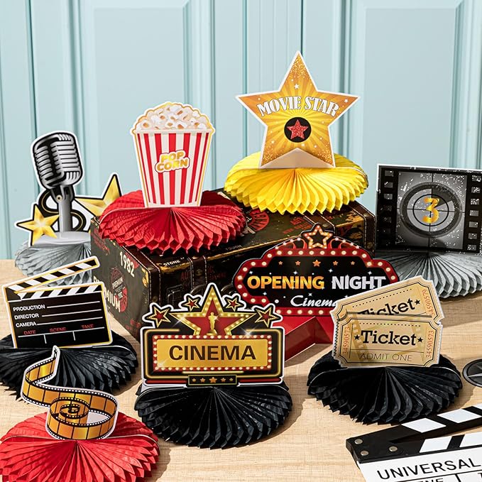 Chinco 12 Pieces Movie Night Party Decorations Supplies Movie Theater Honeycomb Centerpiece 3D Microphone Ticket Star Video Paper Centerpiece Sign Table Decoration for Theater Birthday Party Favors