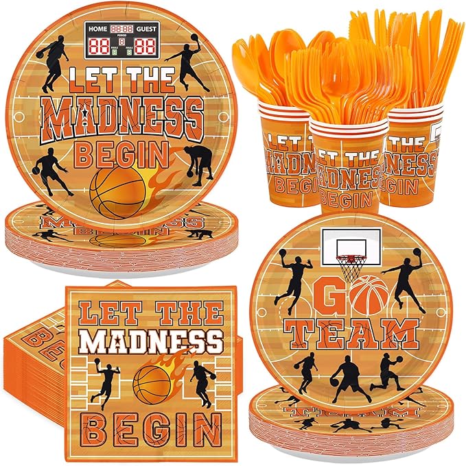 168Pcs Basketball Party Decorations Let The Madness Begin Plates Napkins Cups Forks Knives Spoons March Theme Basketball Sports Tableware for Boys Sports Birthday Party Supplies Serves 24
