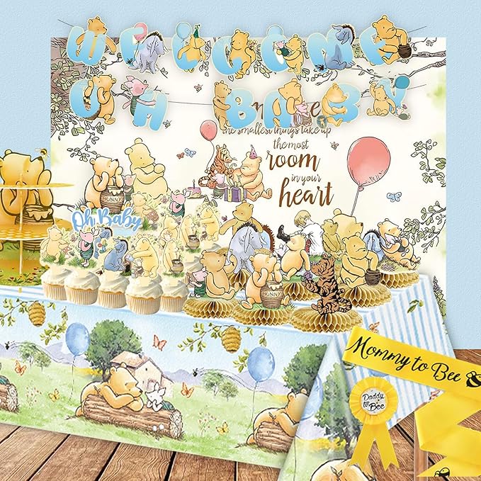Classic Winnie Baby Shower Decorations Kit, All-in-1 Vintage Winnie Party Supplies Decorations, Classic The Pooh Backdrop Cake Topper, Winnie Baby Tablecloth Honeycomb Decorations for Baby Shower