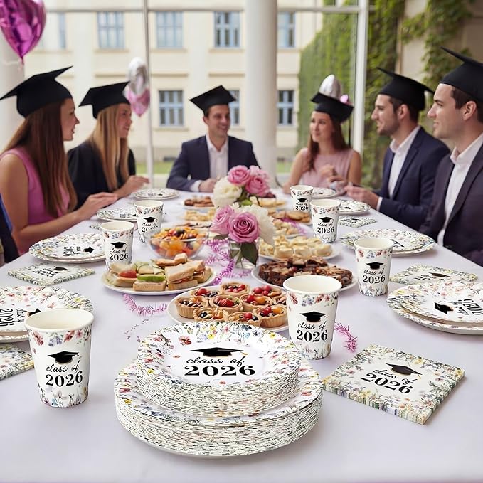 Hsei 250 Pcs Wildflower Graduation Disposable Plates and Napkins Floral Congrats Grad Disposable Tableware Set for 50 Guests Wildflower Paper Plates Napkins Cups for Girls Nurses Graduation Party