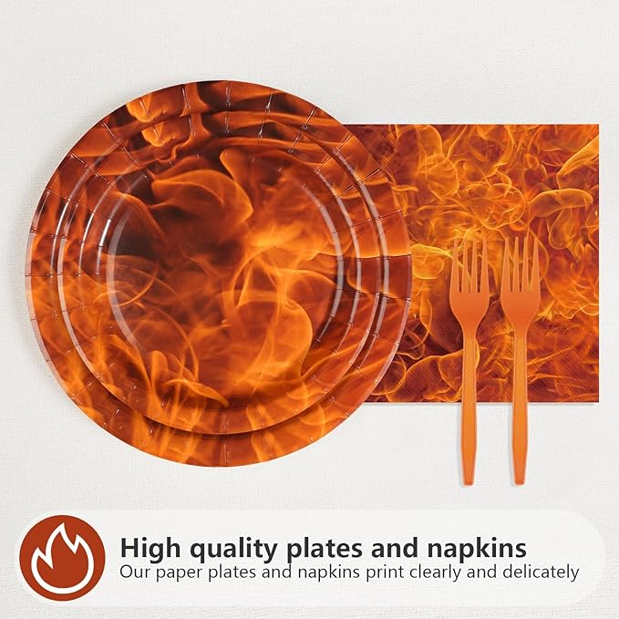 96Pcs Fire Party Decorations Fire Flame Plates and Napkins Fireman Themed Tableware Set for Firefighter Birthday Bonfire Firetruck Theme supplies Party Supplies Serves 24
