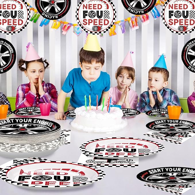 96 Pcs Need Four Speed Birthday Decorations Disposable Race Car Themed 4th Party Plates and Napkins Checkered Flag Tableware Set for Kids Boys Racing Car 4 Year Old Birthday Party Supplies Serves 24