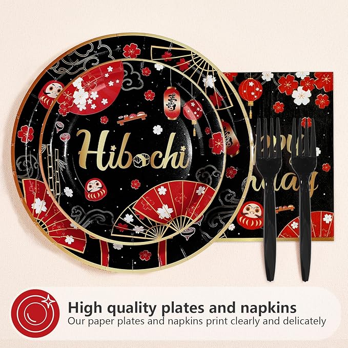 96Pcs Hibachi Birthday Decorations Black Red Japanese Cherry Plates and Napkins Japanese Hibachi Birthday Decorations Favors for Asian Japan Theme Vintage Baby Shower Party Supplies Serves 24