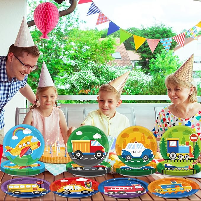 48PCS Transportation Paper Plates Car Birthday Decorations Construction Tableware 7 Inch Train Vehicle Fire Truck Airplane Traffic Dessert Dinnerware for Kids Baby Shower Party Supplies Favors