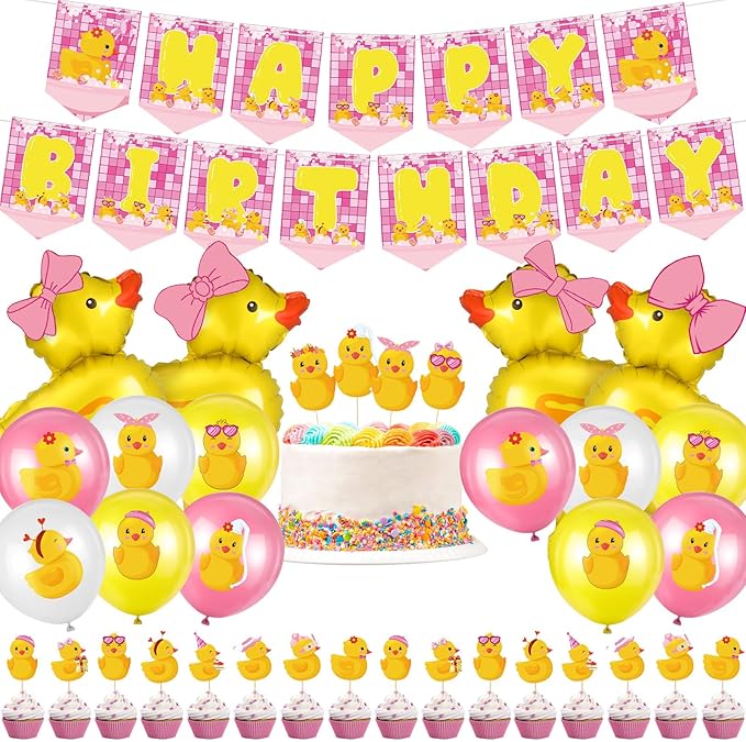 Leitee 57 Pcs Pink Duck Birthday Decorations Balloons Party Happy Birthday Banner Cake Topper Cupcake Toppers Rubber Duck Decor for Birthdays Party Supplies