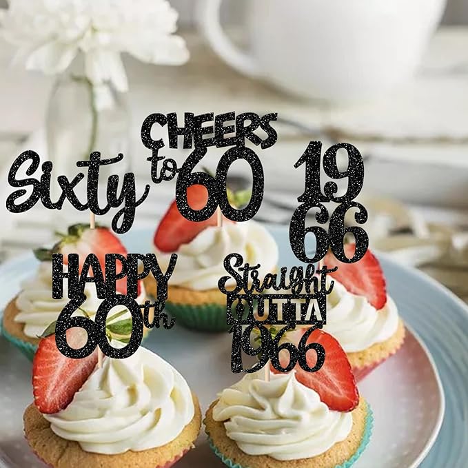 30PCS Black 60th Birthday Cupcake Toppers Glitter Sixty Happy 60 Straight Outta 1966 Cupcake Picks for Cheers to 60 Years 60th Birthday Wedding Anniversary Party Decoration Supplies
