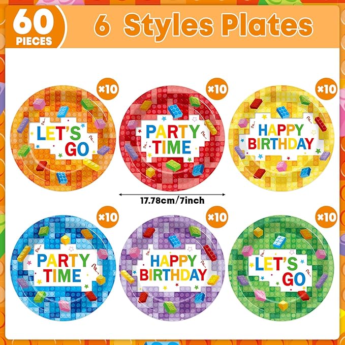 60Pcs Building Block Birthday Party Plates Building Bricks Disposable Paper Dessert Plates for Blocks Birthday Decorations Party Tableware Set for Boys Kids Baby Shower Supplies