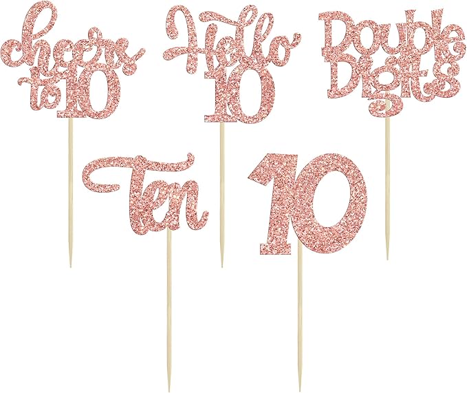 30Pcs 10th Birthday Cupcake Toppers Ten Double Hello 10 Cupcake Picks Cheers to 10 Years Old Cake Decorations for 10th Birthday Party Supplies Rose Gold Glitter