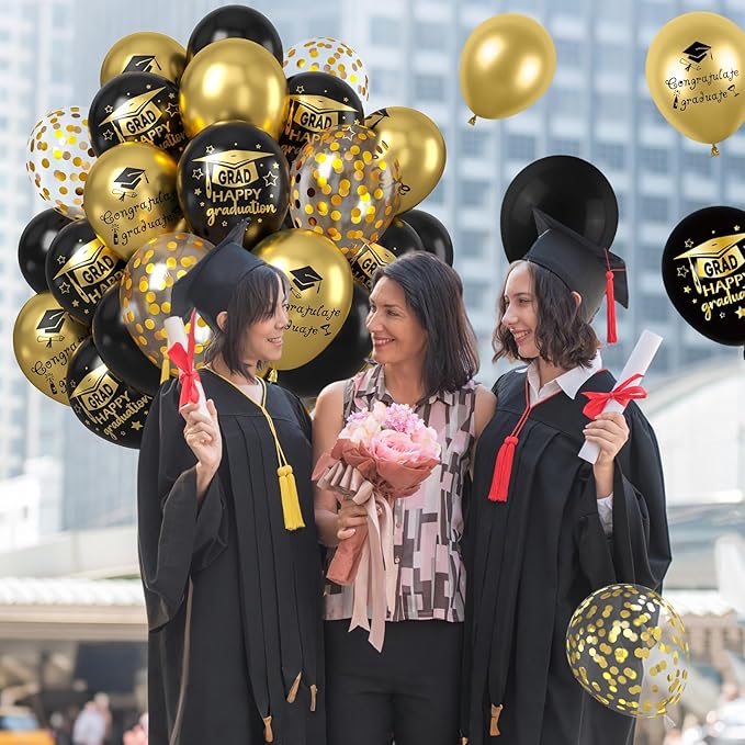 Graduation Balloons, 50PCS 12 inch Black gold Graduate Ballons for Graduates from College and High School Class of 2025 Congrats Grad Party Decorations