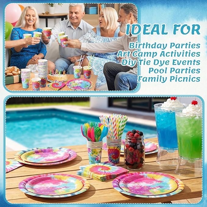 450 Pcs Tie Dye Party Tableware Set Decorations Rainbow Birthday Paper Plates Napkins Cups Cutlery Straws for Hippie Retro 60s/70s Dinner Celebration Birthday Wedding Baby Shower, Serves 50