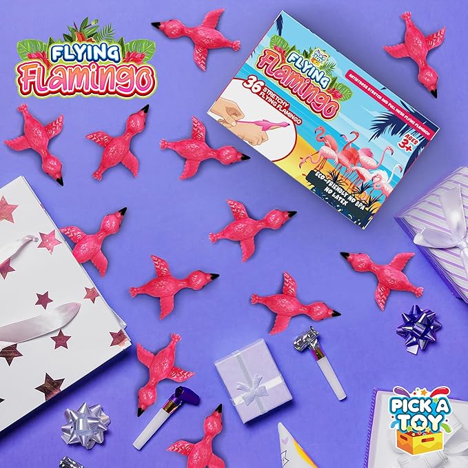 PICK A TOY 36 Pcs Flamingo Party Favors Toys for Kids, Bird Shooter Game Finger Flingers, Tropical Themed Decorations, Kids Prizes, Flying Rubber Chickens Slingshot, Easter Egg Filler