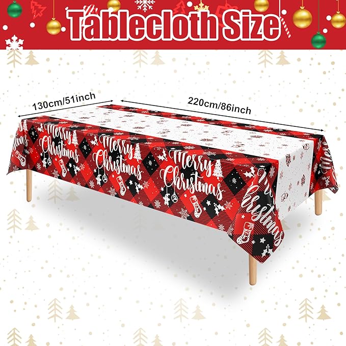 3Pcs Christmas Buffalo Plaid Snowflake Tablecloth, 51 x 86 Inch Red and Black Checkered Plastic Table Cover for Winter Holiday, New Year, Christmas Party Decorations