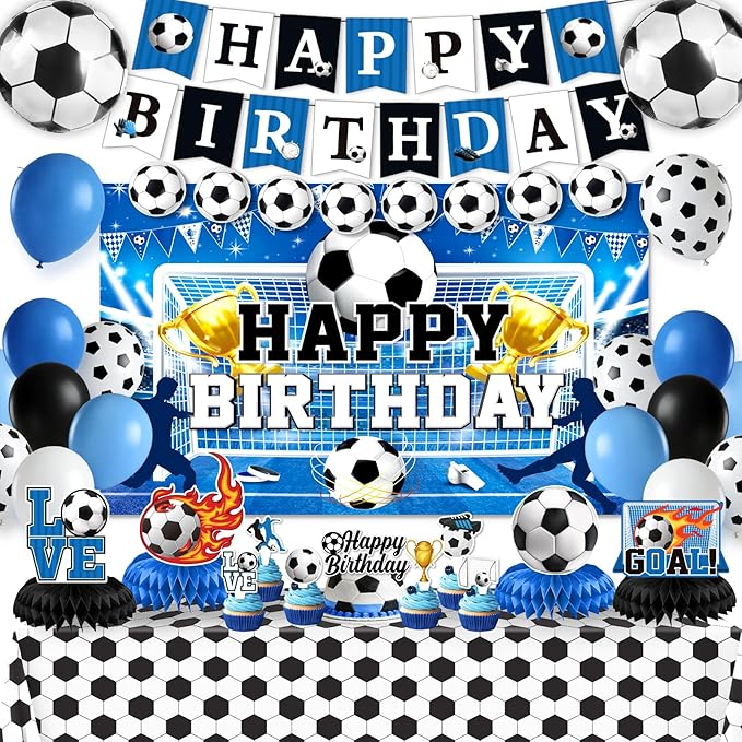 Soccer Birthday Party Decorations, 44Pcs Soccer Party Decorations with Happy Birthday Backdrop Tablecloth Foil & Latex Balloons and Cake Toppers Honeycomb Centerpieces for Boys’ Sports Party Supplies