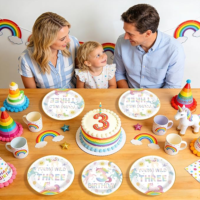 96 Pcs Magical Pastel Unicorn 3rd Birthday Party Supplies Young Wild and Three Plates and Napkins Disposable Rainbow Unicorn Tableware Set for Girls 3 Years Old Birthday Party Decorations Serves 24