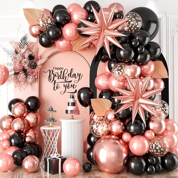 Rose Gold Black Balloons Garland Kit, 120Pcs Metallic Rose Gold Black Confetti Balloons Arch with 4D Star Foil Balloons for Wedding, Birthday, Graduation, Baby Shower Party Decoration