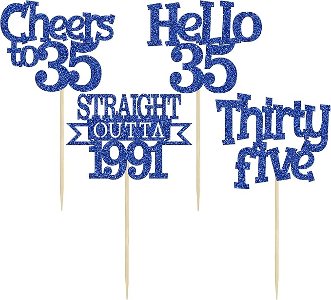 Ephlyn 24Pcs Happy 35th Birthday Cupcake Toppers Blue Thirty Five Cupcake Picks Hello 35 Cheers to 35 Years Birthday Cake Decorations for 35th Birthday Anniversary Party Decor Supplies