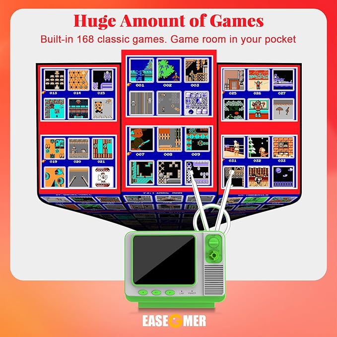 EASEGMER Retro Handheld Game Console with 168 Classic Games, Mini TV Style, 3.0" Screen, AV Output, 2 Player Support, Rechargeable Battery for Kids Ages 4-12.
