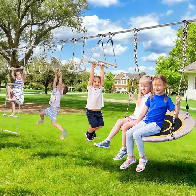 Hapfan 60 FT Ninja Warrior Obstacle Course Swing Set for Kids with Weather-Proof Accessories, Outdoor Playset with Monkey Bars for Backyard