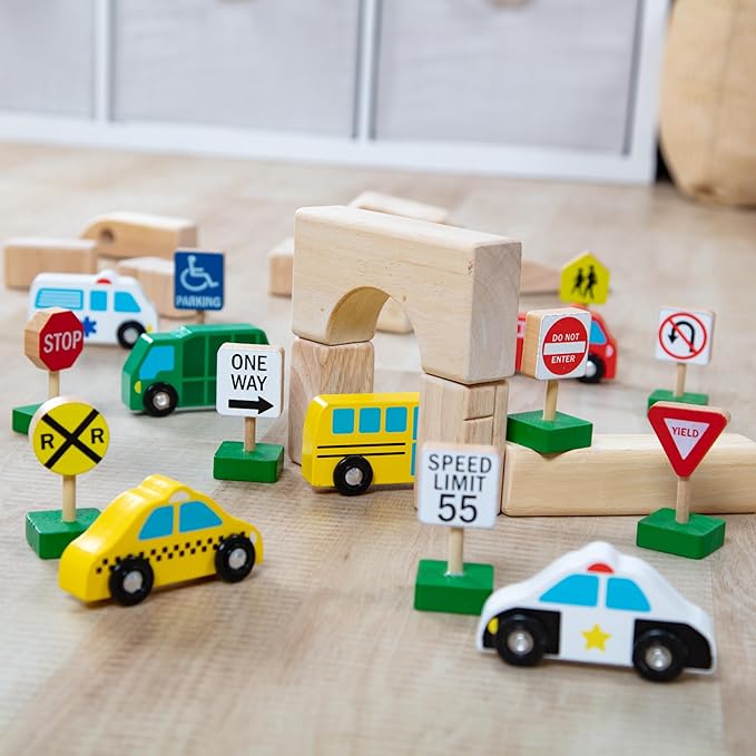 Melissa & Doug Wooden Vehicles and Traffic Signs with 6 Cars and 9 Signs