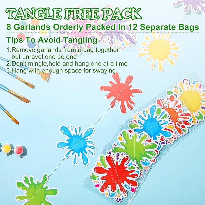 Duraaamo 8 Pcs Colorful Art Paint Party Decorations Paint Splatter Hanging Garland Paper Slime Painting Banners for Art Theme Birthday Decoration Baby Shower Slime Party Supplies Ceiling Decor