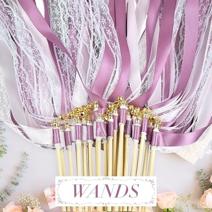 50Pcs Ribbon Sticks Wands Streamers with Bells Silk Fairy Stick Party Ribbon Streamers for Wedding Party, Birthday and Holiday Activities-Purple