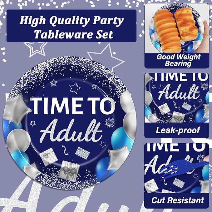 96 Pcs 18th Birthday Party Plates and Napkins Party Supplies Time To Adult 18 Years Old Plates Birthday Tableware Set Blue Silver Happy 18th Decorations Favors for Boys Girls Serves 24