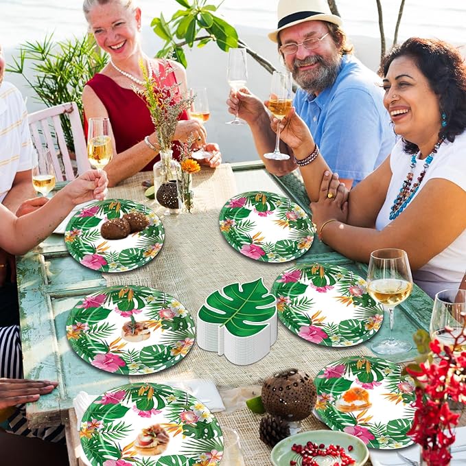 50PCS Hawaiian Luau Party Oval Paper Plates Green Leaf Shape Napkins Aloha Floral Party Supplies Large 11in Summer Platters Tableware Decoration Disposable Tropical Dish Tray for Beach Birthday Party