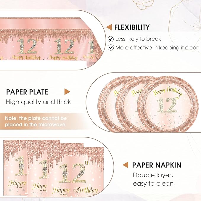 41Pcs 12th Birthday Decorations for Girls Rose Gold 12th Birthday Party Plates and Napkins,Tablecloth Happy 12 Years Birthday Party Tableware Set for 12 Year Old Girls Teenager Party Favor Supplies