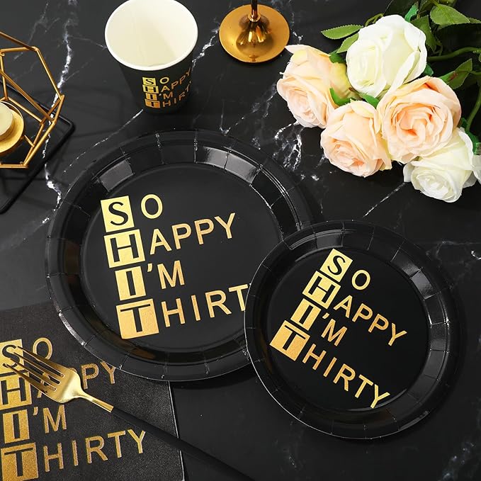 Whaline 96Pcs 30th Birthday Party Supplies Kit Black Gold Paper Tableware Plate Napkin Cup So Happy I'm Thirty Disposable Dinnerware Set for 24 Guests Party Table Decor