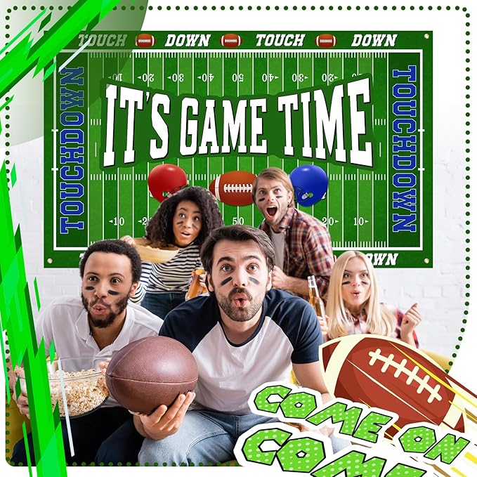Ctosree 4 Pcs Football Backdrop Banner Decoration Football Party Supplies It's Game Time Touch Down Wall Door Sign Decor for Sport Game Birthday Party Favors