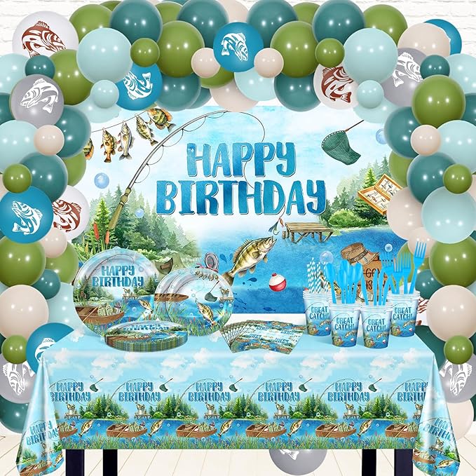 Fishing Birthday Party Decorations 274PCS Gone Fishing Plates Napkins Tablecloth Cups Balloons Banner All-in-1 Fish Party Decorations Birthday Party Supplies Serve 24