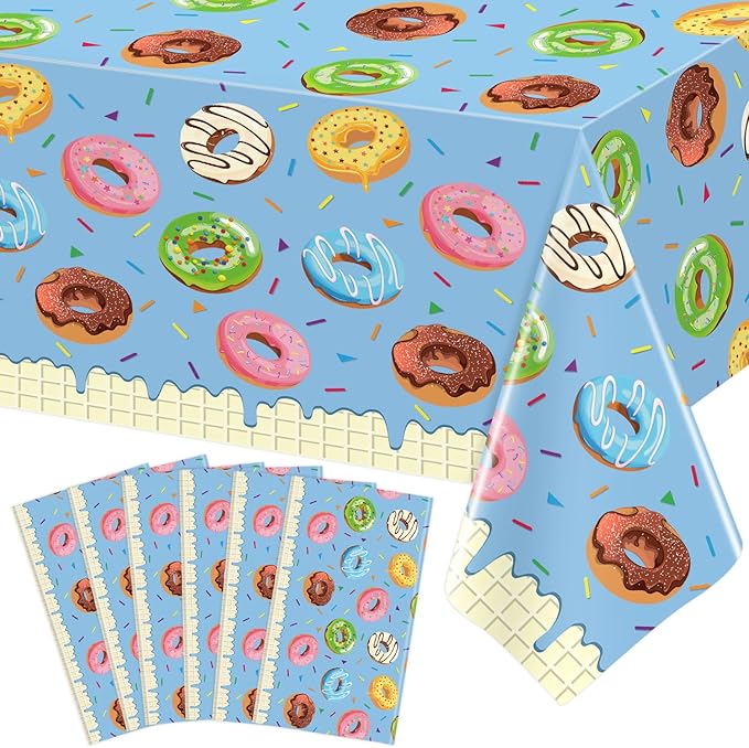 6 Pack Donut Party Tablecloth Sprinkle Donut Theme Party Decorations Blue Ice Cream Table Cloth Doughnut Table Covers for Baby Shower Afternoon Tea Ice Cream Birthday Supplies 51 x 86 in