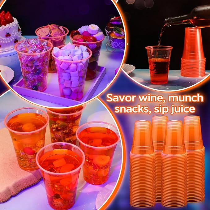 LemonRoad 50 Pack Blacklight Party Glow Cups 16 oz Plastic Neon Cups Disposable Glow in the Dark for Parties Birthdays 80s Themed Events(Orange)