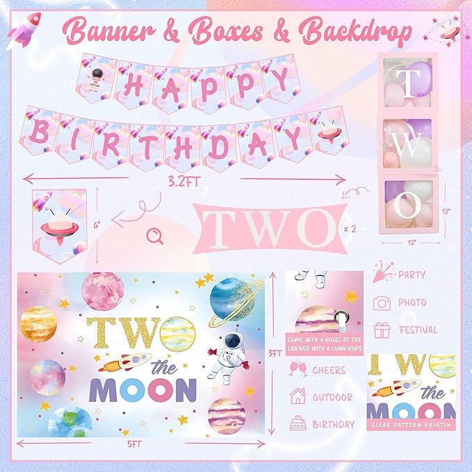 Two the Moon Birthday Decorations Girl, Outer Space 2nd Birthday Party Decorations, Two the Moon Backdrop Cake Cupcake Topper Balloon Garland Two Years Old Girl Party Supplies Kit Moon Themed for Girl