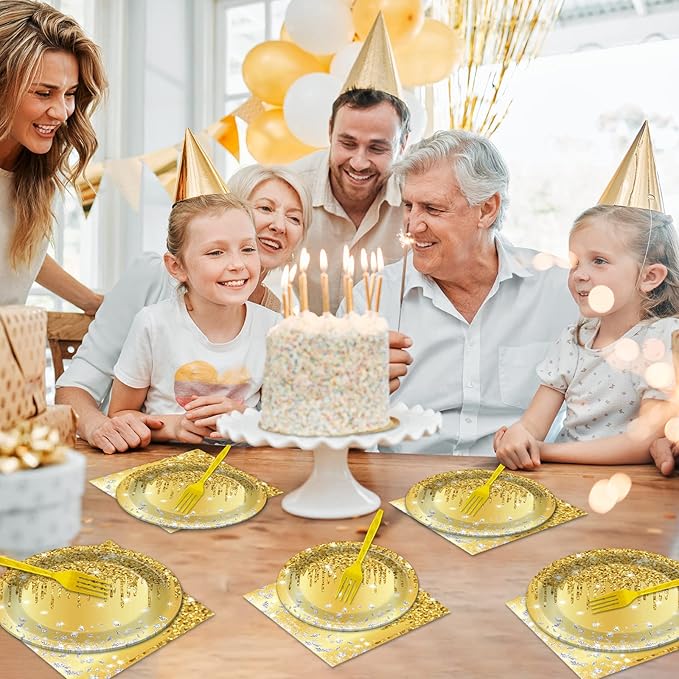 96 PCS Golden Birthday Party Decorations Tableware Set for Golden Themed Happy Birthday Supplies Diamond Gold Plates Napkins Forks for 24 Guests Men Women Anniversary Engagement Wedding Party Favors