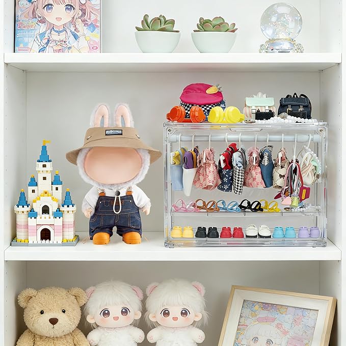 Clear Doll Wardrobe Storage Box,Doll Clothes Closet Desktop,Doll Accessories Display Box,Dolls Outfit Storage Organizer with Hangers & Rod(Not Include Any Accessories)