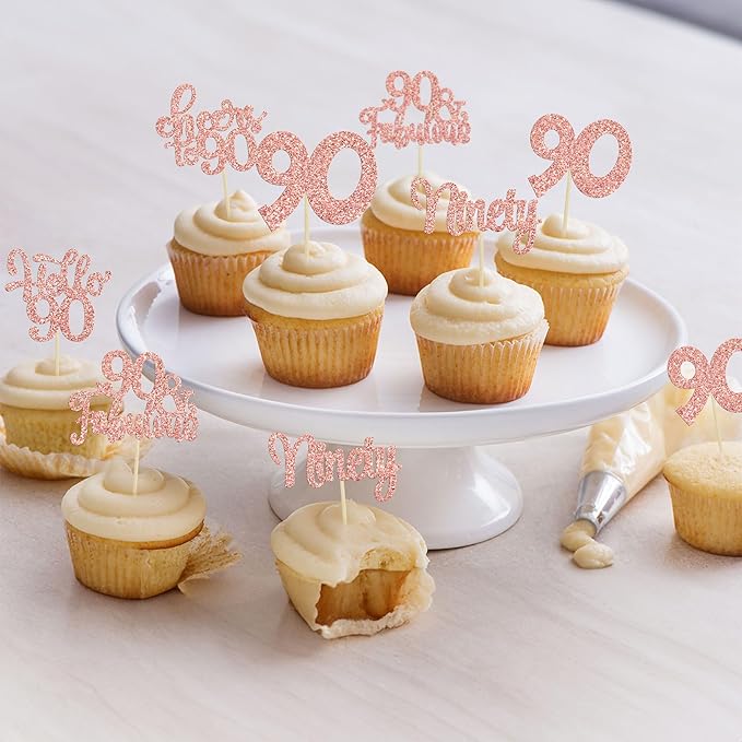 Gyufise 30pcs Happy 90th Birthday Cupcake Toppers - Rose Gold Glitter Ninety Cheers to 90 Years Old Cupcake Picks for Anniversary Party Cake Decorations