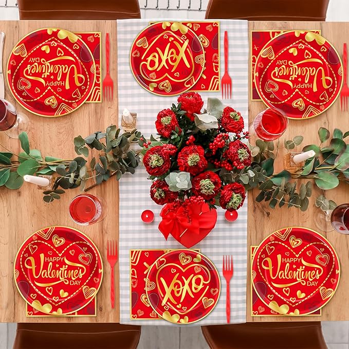 gisgfim 96 Pcs Valentine's Day Party Plates and Napkins Party Supplies Valentines Day Party Tableware Set Red and Gold Party Decorations Favors for Girls Boys Birthday Baby Shower Serves 24