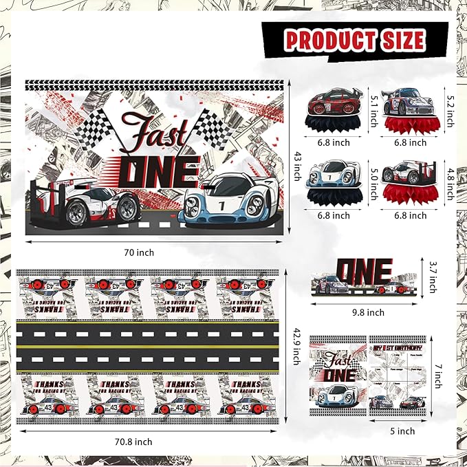 Mpanwen Fast One Birthday Decorations for Boys, 153 Pcs Race Car Birthday Party Supplies - Backdrop, Toppers, Cupcakes Wrappers, Tablecloth, Flags, Centerpiece, Highchair Nanner, Crown and Poster