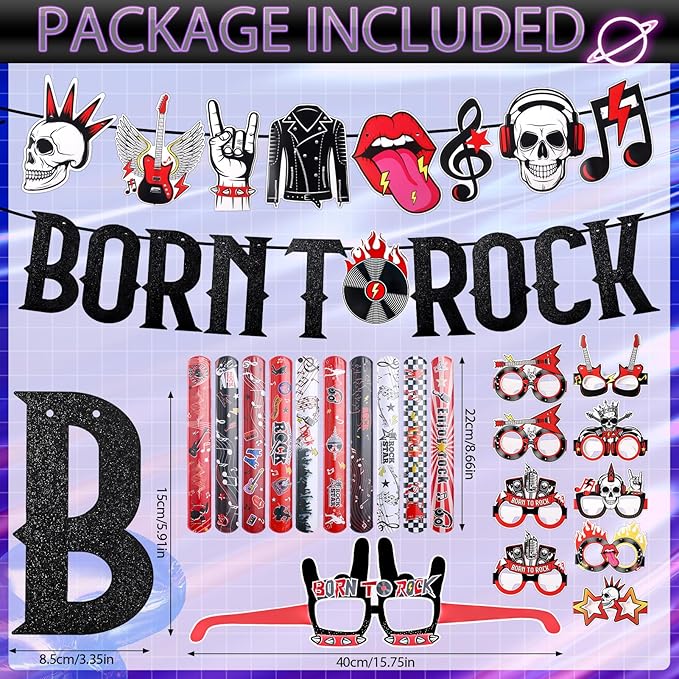 26Pcs Rock and Roll Guitar Piñata Party Set with Blindfold Banners Glasses Snap Bracelets for Music Theme Celebrations