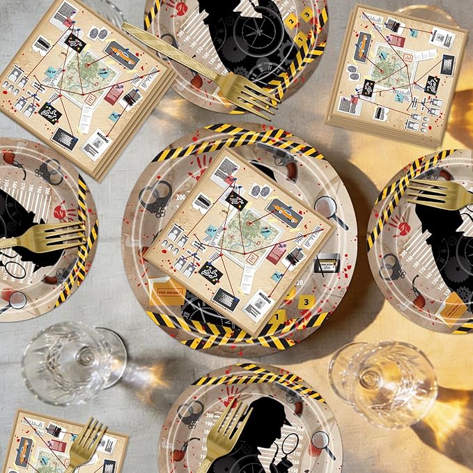 96 Pcs Mystery Party Decorations Supplies – Detective Crime Scene Theme Plates Napkins Forks Set for Dinner Game Night Escape Room Party Serves 24