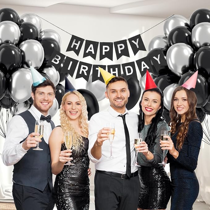 Black and Silver Balloons, 60pcs 12inch Black Metallic Silver Balloons for Graduation 2025 Birthday Party Decorations