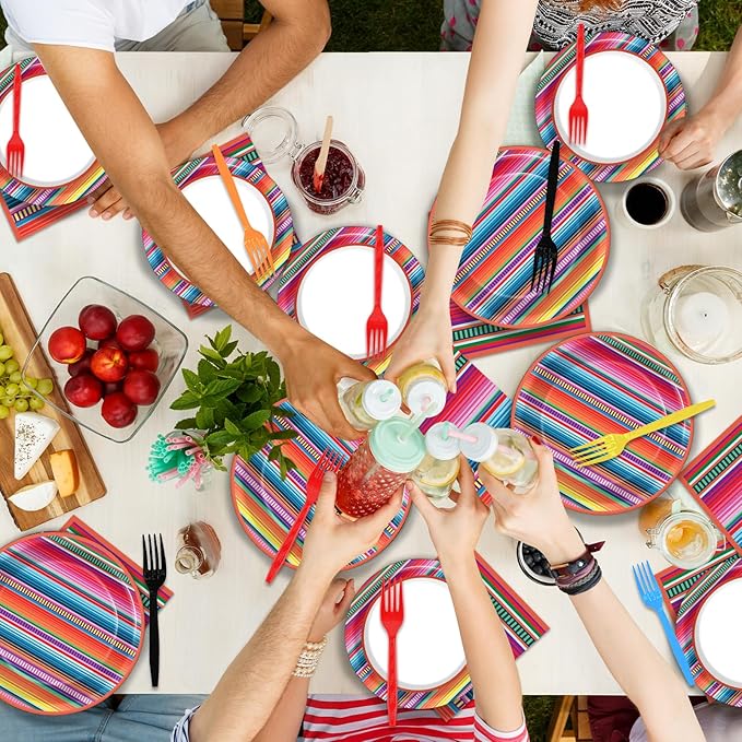 200PCS Mexican Paper Plates and Napkins Fiesta Taco Themed Party Supplies Mayo Mexican Party Decorations Serape Disposable Dessert Plates Dinner Tableware Set Stripe Mexico Dinnerware Favors