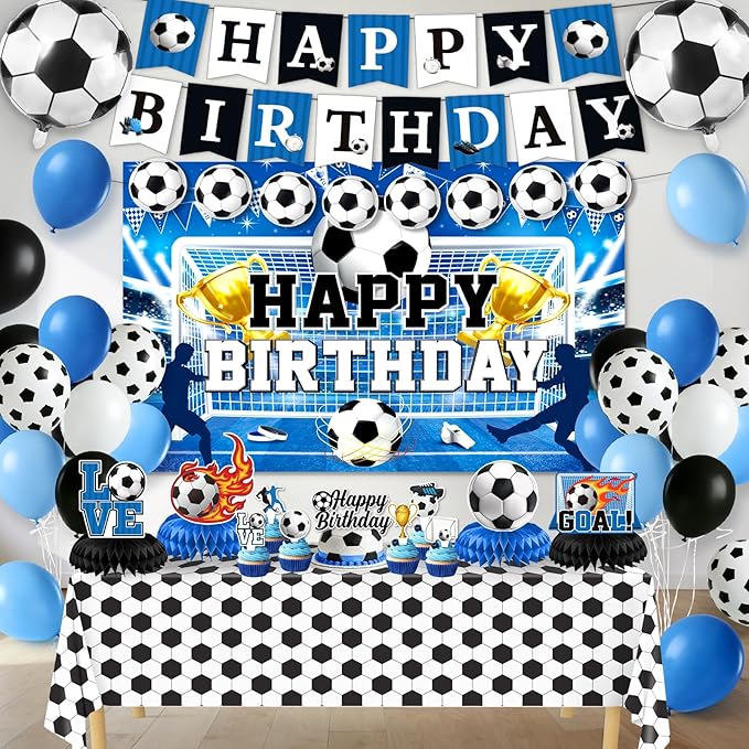 Soccer Birthday Party Decorations, 44Pcs Soccer Party Decorations with Happy Birthday Backdrop Tablecloth Foil & Latex Balloons and Cake Toppers Honeycomb Centerpieces for Boys’ Sports Party Supplies