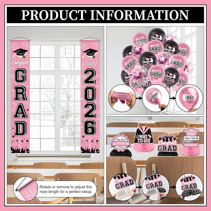 Graduation Decorations Class of 2026 Pink Graduation Party Decor Set include Congrats Grad Banner Backdrop Class of 2026 Balloons Party Supplies