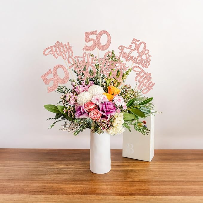 Gyufise 15Pcs 50th Birthday Centerpiece Sticks Fifty Happy 50th Table Flower Centerpieces Sticks Cheers to 50 Floral Decorations for 50th Birthday Party Centerpieces Supplies Rose Gold