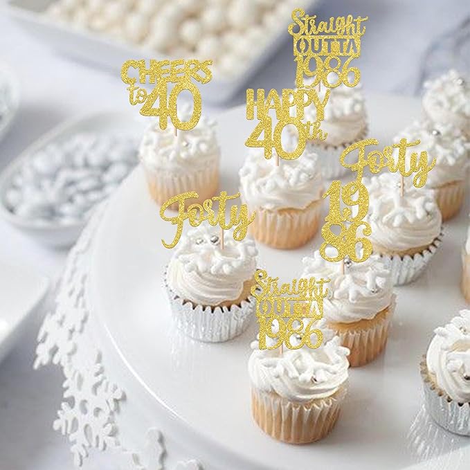 30PCS Straight Outta 1986 Cupcake Toppers Gold Glitter Forty Happy 40th Birthday Cupcake Picks Cheers to 40 Years Cake Decorations for 40th Birthday Anniversary Party Decoration Supplies