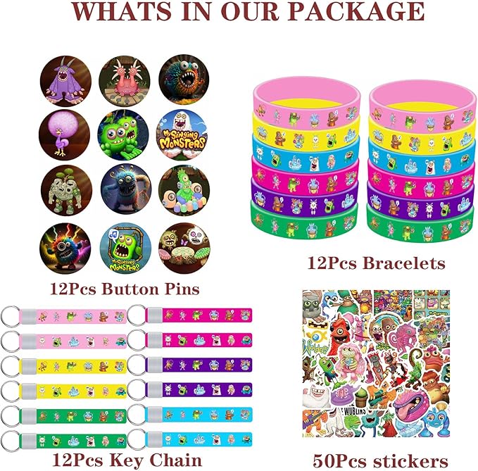 Monster Party Favors Monster Party Supplies Include 12 Bracelets-50 Stickers-12 Button Pins-12 Keychain for Monster Party Decorations…