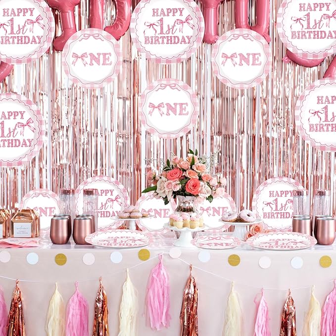 96Pcs Pink Bow 1st Birthday Party Decorations Cute Coquette Birthday Plates and Napkins Pink and White Gingham Plaid Tableware Sets for Girls Baby Shower Picnic BBQ 1st Birthday Party Supplies Serve24